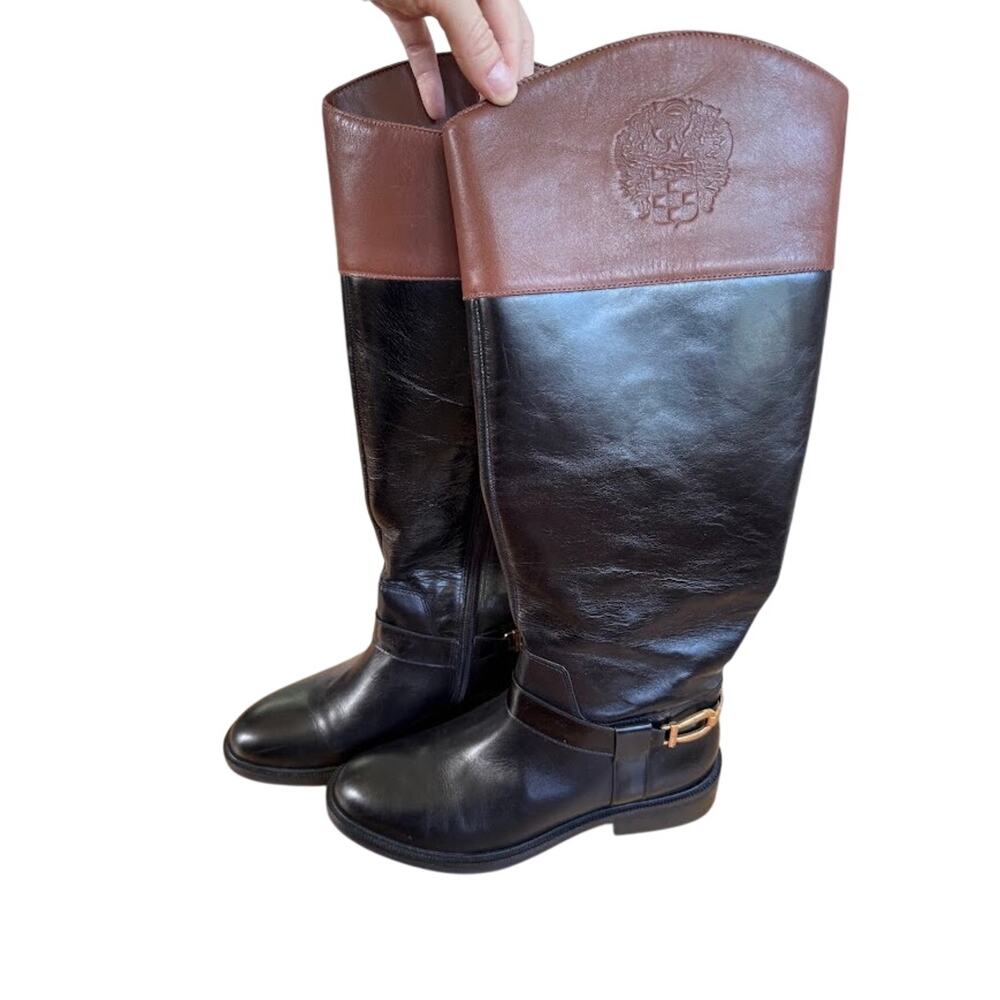 Vince Camuto Flavian Riding Boots Womens 8.5 Black Brown Leather Knee High New